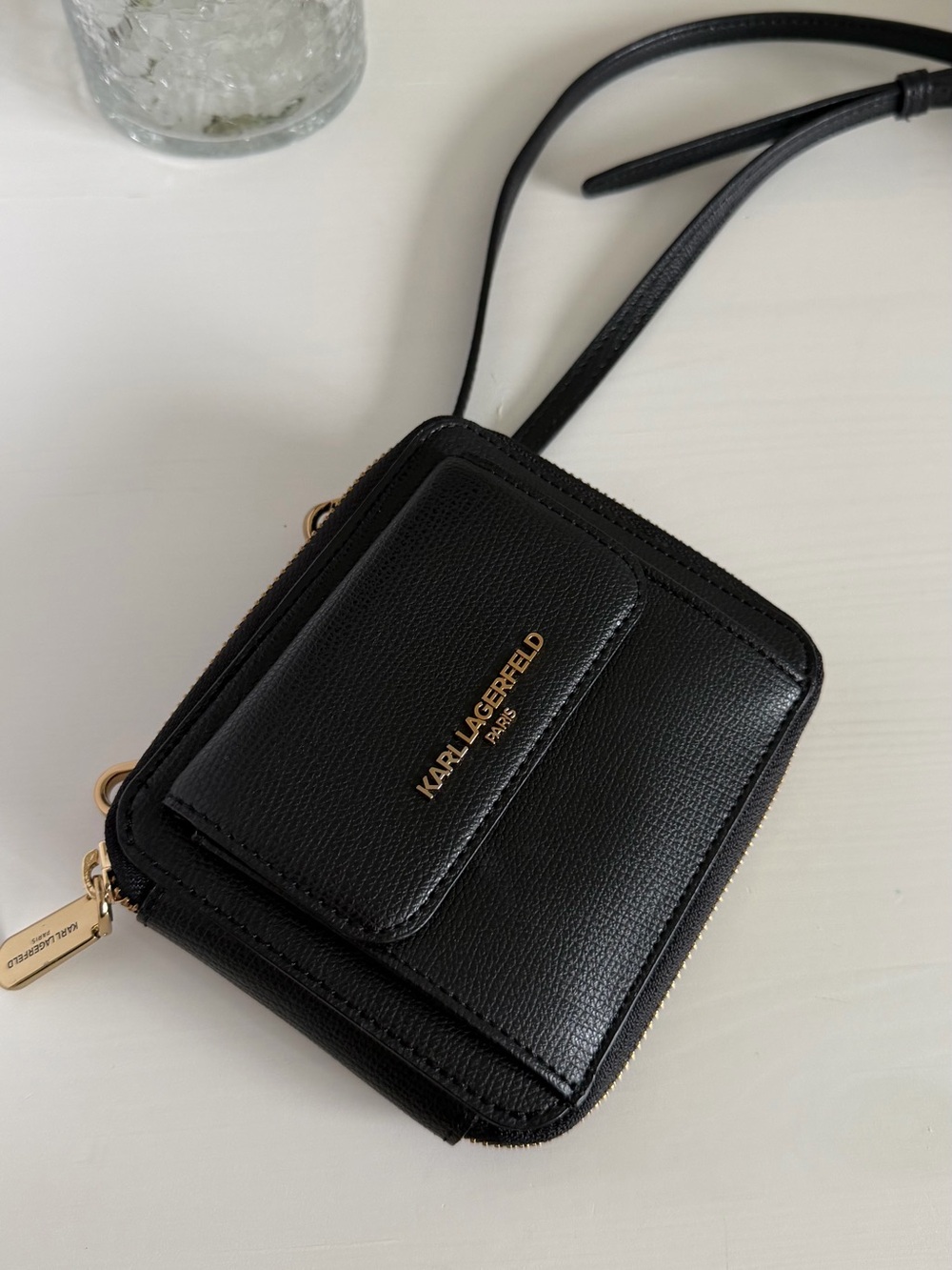Karl Lagerfeld Black Leather-Look Mini Crossbody Wallet with Gold Tone Logo